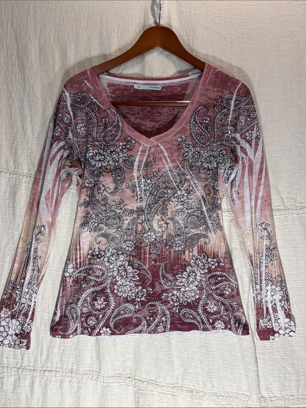 Maurices Rose Ombre Paisley Floral V-Neck Long Sleeve Tee